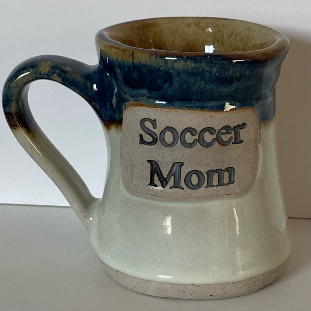 Soccer Mom Mug Hand Made Art Pottery 3D Embossed Blue Beige Large EUC sports